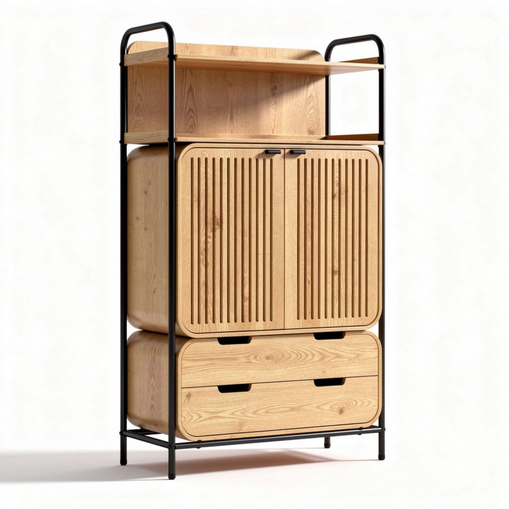 Wood and Metal Storage Cabinet for Living Room Organization – 90 x 40 x 150cm